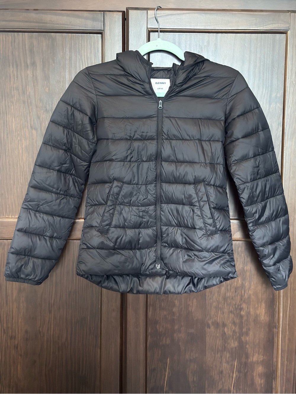 Old Navy Girls Black Lightweight Puffer Jacket Hooded Zip Coat Size L 10-12